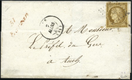 Stamp of France 1849 10c bistre-jaune, touché en haut, sur lettre 