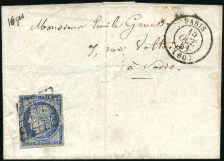 Stamp of France 1849 25c bleu, bien margé, obl. grille sur lettre 