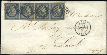 1849 25c bleu en bande de 4 bien margé sur lettre 