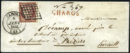 1849 1F carmin avec bdf droit obl. par grille et g