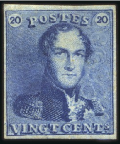 Stamp of Belgium » Belgique. 1849 Epaulettes - Émission 20c Bleu intense, marges fort teintées propre à ce