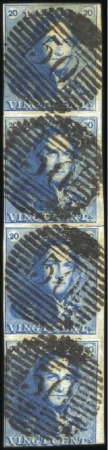 20c Bleu en bande verticale de quatre, 4ème timbre