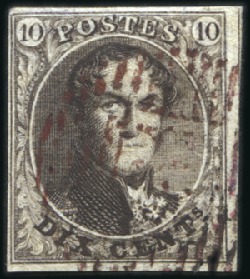 Stamp of Belgium » Belgique. 1849 Médaillons (filigrane encadré) - Émission 10c Brun, belles marges, oblitération en ROUGE, no
