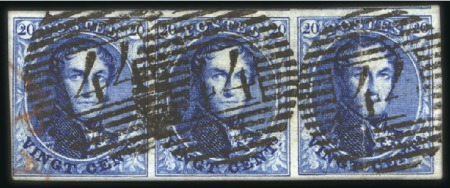 Stamp of Belgium » Belgique. 1849 Médaillons (filigrane encadré) - Émission 20c Bleu, bande de trois, bien à très bien margée,