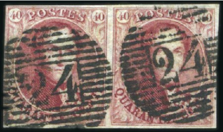Stamp of Belgium » Belgique. 1849 Médaillons (filigrane encadré) - Émission 40c Carmin vif, paire bien margée, oblitération ne