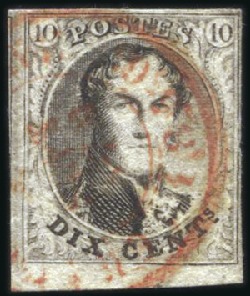 Stamp of Belgium » Belgique. 1851 Médaillons (filigrane sans cadre) - Oblitérations ROUGE: Deux 10c brun avec respectivement annulatio