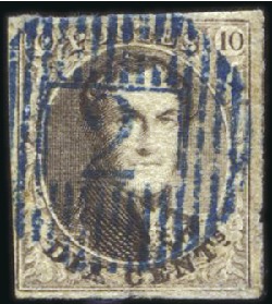 Stamp of Belgium » Belgique. 1851 Médaillons (filigrane sans cadre) - Oblitérations BLEU: 10c Brun, bien margé, oblitération nette de 