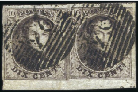 Stamp of Belgium » Belgique. 1851 Médaillons (filigrane sans cadre) - Émission 10c Brun, paire bien margée, deux voisins et bord 