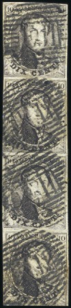 Stamp of Belgium » Belgique. 1851 Médaillons (filigrane sans cadre) - Oblitérations AMBULANT E.II: 10c Brun, en bande verticale de qua