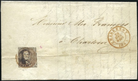 Stamp of Belgium » Belgique. 1851 Médaillons (filigrane sans cadre) - Oblitérations ROUGE: 10c Brun (découpe à cheval et pli d'archive