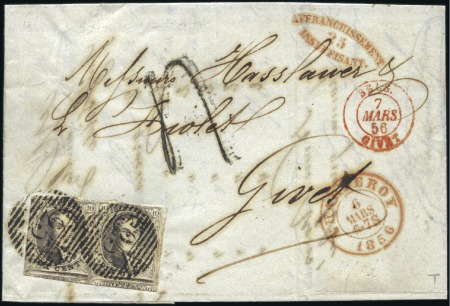 Stamp of Belgium » Belgique. 1851 Médaillons (filigrane sans cadre) - Émission 10c Brun, en paire (marges irrégulières), oblitéra