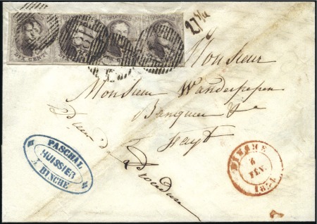 Stamp of Belgium » Belgique. 1851 Médaillons (filigrane sans cadre) - Émission 10c Brun, bande quatre, lég. touchée à droite sino