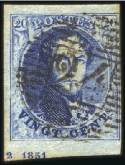 Stamp of Belgium » Belgique. 1851 Médaillons (filigrane sans cadre) - Émission 20c Bleu, planche II, position 91, bien margé avec