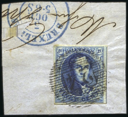 Stamp of Belgium » Belgique. 1851 Médaillons (filigrane sans cadre) - Oblitérations 26 BARRES DE BRUXELLES: 20c Bleu, belles marges av