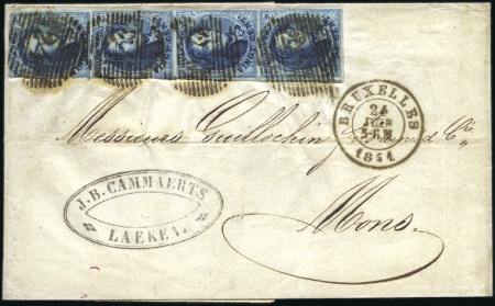Stamp of Belgium » Belgique. 1851 Médaillons (filigrane sans cadre) - Émission 20c Bleu, bande verticale de quatre, marges irrégu