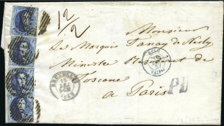 Stamp of Belgium » Belgique. 1851 Médaillons (filigrane sans cadre) - Émission 20c Bleu, quatre exemplaires diversement margés, o