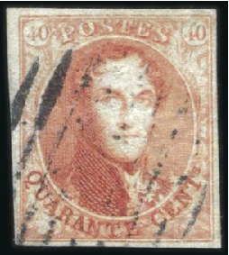 Stamp of Belgium » Belgique. 1851 Médaillons (filigrane sans cadre) - Oblitérations BARRES FINES: 40c Carmin, belles marges régulières