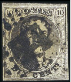 Stamp of Belgium » Belgique. 1851 Médaillons (filigrane sans cadre) - Oblitérations MÉTÉORE 24: 10c Brun, bien margé, oblitération de 