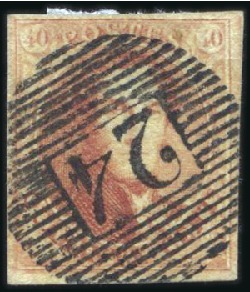 Stamp of Belgium » Belgique. 1851 Médaillons (filigrane sans cadre) - Oblitérations 26 BARRES DE BRUXELLES: 40c Carmin, grandes marges