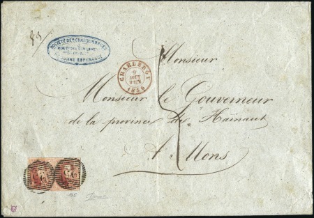 Stamp of Belgium » Belgique. 1851 Médaillons (filigrane sans cadre) - Émission 40c Carmin, en paire (une marge touchée), oblitéra