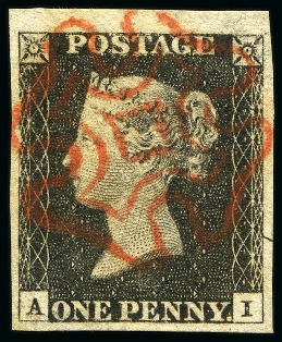 1840 1d Black pl. 3 AI with good to huge margins, neat red MC