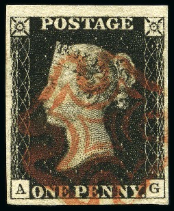 1840 1d Black pl.5 AG with fine to huge margins, neat red MC