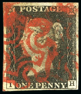 1840 1d Black pl.2 IH with close to good margins, clear bright red MC
