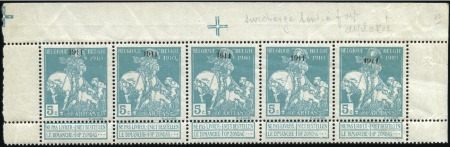 1911 Caritas, 5c vert-bleu en bande de cinq, avec 