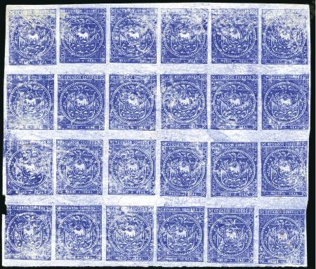 Stamp of Ecuador 1865-72 1/2r blue on blued paper, mint block of 24