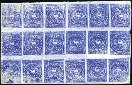 Stamp of Ecuador 1865-72 1/2r blue on blued paper, mint block of 18