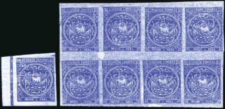 Stamp of Ecuador 1865-72 1/2r blue on blued paper, mint block of ei