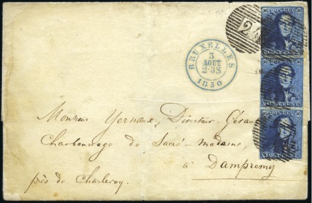 Stamp of Belgium » Belgique. 1849 Epaulettes - Émission FAUX: 20c bleu en bande verticale de trois sur le 