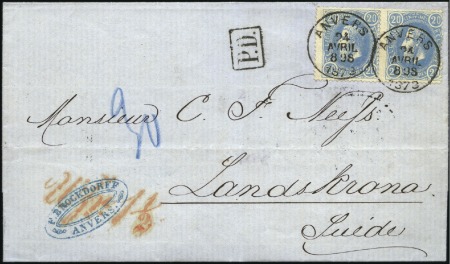 20c bleu de Prusse en paire sur lettre d'Anvers 24
