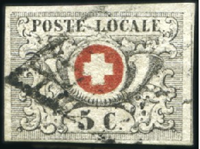 Stamp of Switzerland / Schweiz » "Waadt", "Neuenburg", "Winterthur" Waadt 5C entwertet mit schwarzer Gitterraute, sehr