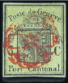 Stamp of Switzerland / Schweiz » Kantonalmarken » Genf Grosser Adler, schwarz/gelbgrün entwertet mit deut