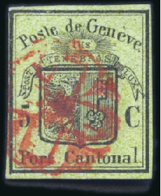 Stamp of Switzerland / Schweiz » Kantonalmarken » Genf Grosser Adler, schwarz/gelbgrün entwertet mit deut