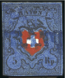 Stamp of Switzerland / Schweiz » Rayonmarken » Rayon I, dunkelblau ohne Kreuzeinfassung Type 11 entwertet mit seltenem blauen FRANCO aus d