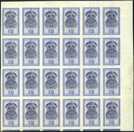 Stamp of Belgian Congo 1947 Masques 3F bleu et bleu-noir et 6F50 rouge-ja