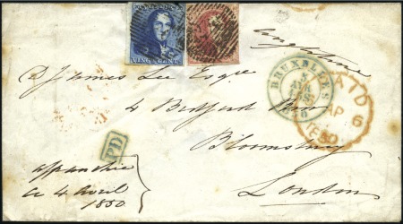 Stamp of Belgium » 1849 Epaulettes - Affranchissements mixtes, composés, etc. 20c Bleu en combinaison avec Médaillon 40c, bien m