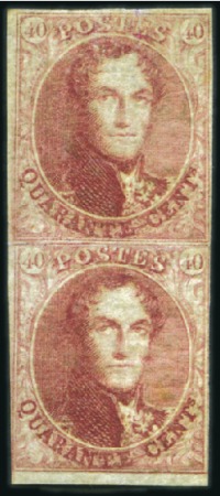 Stamp of Belgium » Belgique. 1851 Médaillons (filigrane sans cadre) - Émission 40c Rouge carmin, paire verticale, marges intactes