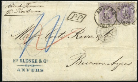 1F mauve (x2) sur lettre d'Anvers 17.07.75 pour l'