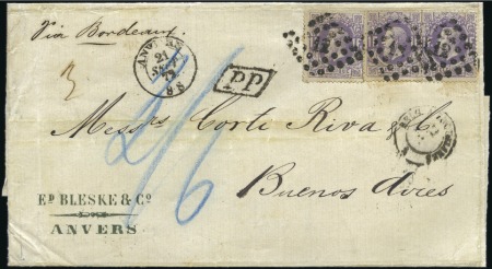 1F mauve (x3) sur lettre d'Anvers 21.09.72 pour l'