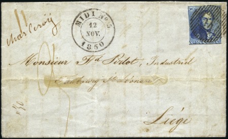 Stamp of Belgium » Belgique. 1849 Epaulettes - Oblitérations 20c Bleu, trois marges, obl. cachet à barres verti