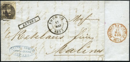Stamp of Belgium » Belgique. 1851 Médaillons (filigrane sans cadre) - Oblitérations AMBULANT A.N.2: 10c brun, trois marges, obl. cache
