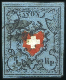 Stamp of Switzerland / Schweiz » Rayonmarken » Rayon I, dunkelblau ohne Kreuzeinfassung Type 7 mit 1/12 Kreuzeinfassung, lebhaft grünlichb