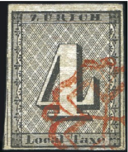 Stamp of Switzerland / Schweiz » Kantonalmarken » Zürich 4Rp (Type V), waagrechte Untergrundlinien, mit rot