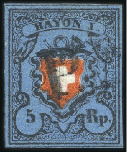 Stamp of Switzerland / Schweiz » Rayonmarken » Rayon I, dunkelblau ohne Kreuzeinfassung Type 15 mit schwarzem P.P. gestempelt, breitrandig