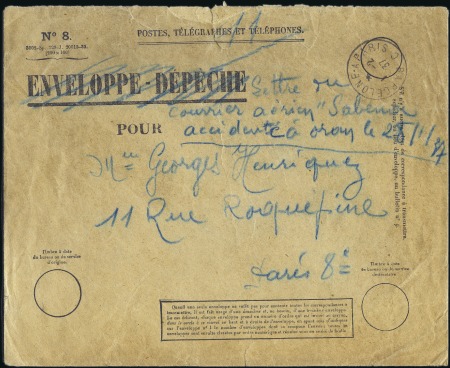 1937 Airmail CRASH COVER, posted to Paris from tow