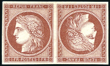 Stamp of France EXTRAORDINARY 1F CARMINE-BROWN TÊTE-BÊCHE PAIR

