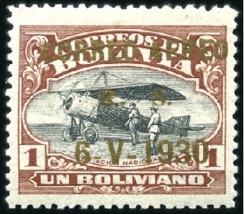 Stamp of Bolivia 1930 1b Zeppelin, gold bronze ovpt mint